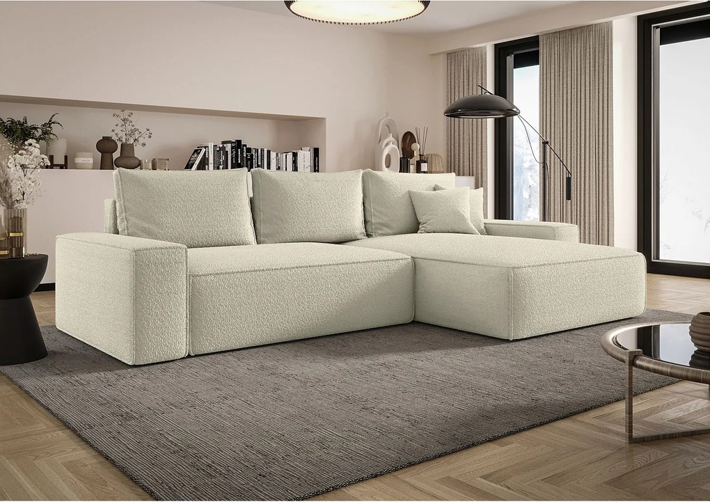 NAROŻNIK MONA z funkcją spania QUELLE 03 Beżowy Prawy Sofa w kształcie L z pojemnikiem na pościel, sofa rozkładana, sofa do salonu