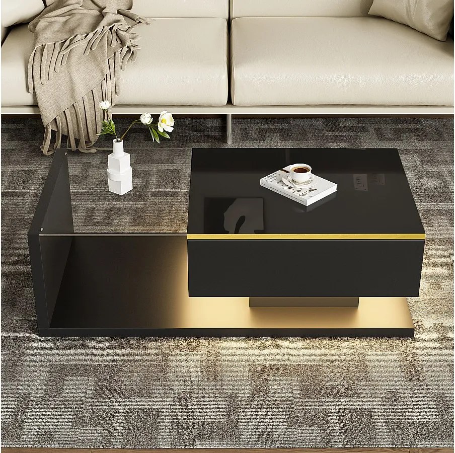 Stolik kawowy LED 100 cm, czarny stolik kawowy z otwartą przestrzenią do przechowywania, 16-kolorowe oświetlenie