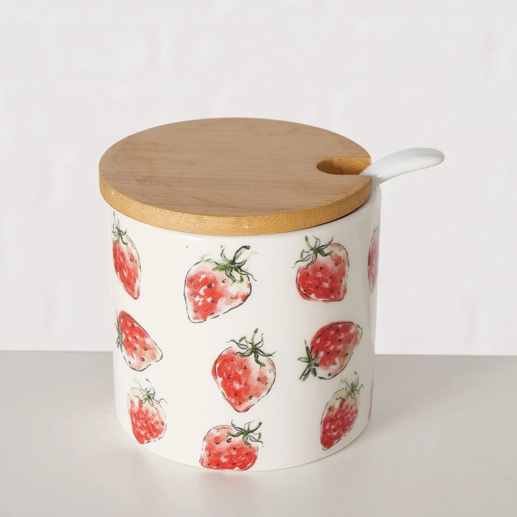 Ceramiczny pojemnik z łyżką i bambusową pokrywą, STRAWBERRY