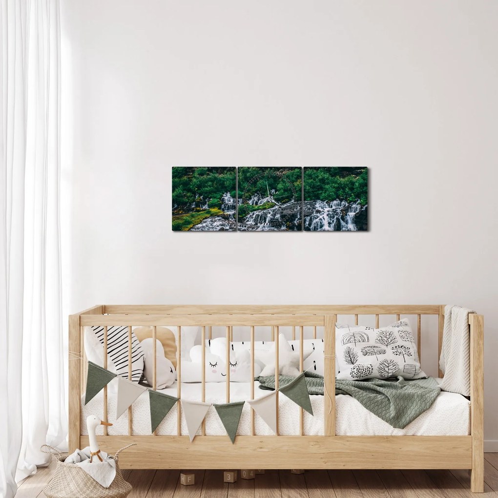 Obraz wodospadów w przyrodzie (z zegarem) (90x30 cm)