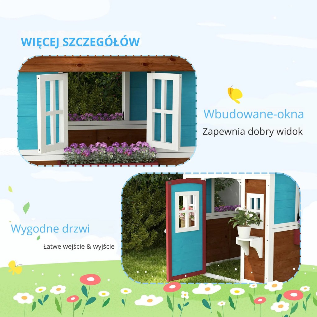 Outsunny Domek zabaw dla dzieci, Drewniany domek ogrodowy z oknami, doniczkami, na zewnątrz, 3-8 lat, Niebieski