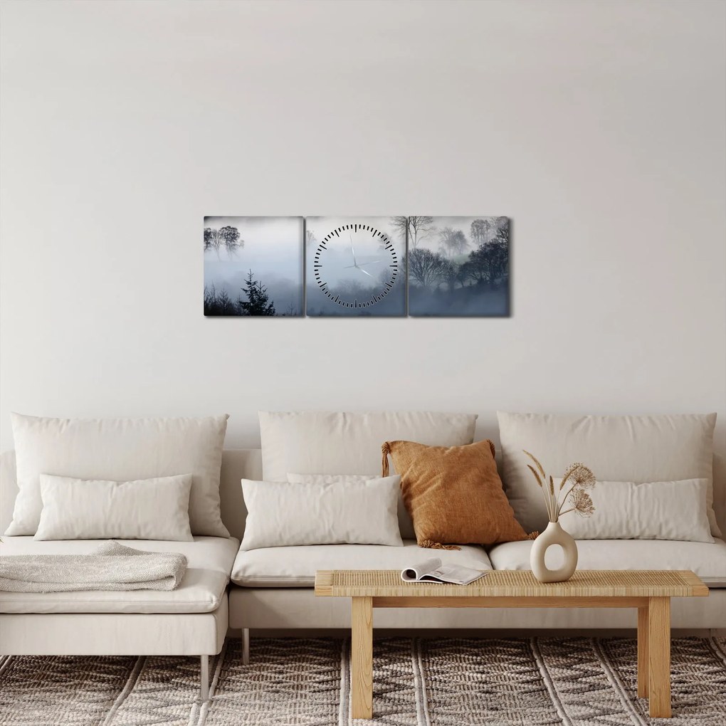 Obraz mgły nad lasem (z zegarem) (90x30 cm)