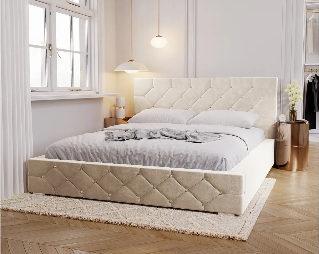 Emporius Solar łóżko tapicerowane 160x200 cm - eleganckie łóżko w stylu glamour - kryształki, pojemnik i stelaż, tkanina aksamitna, wanilia (Magic Velvet 2201)