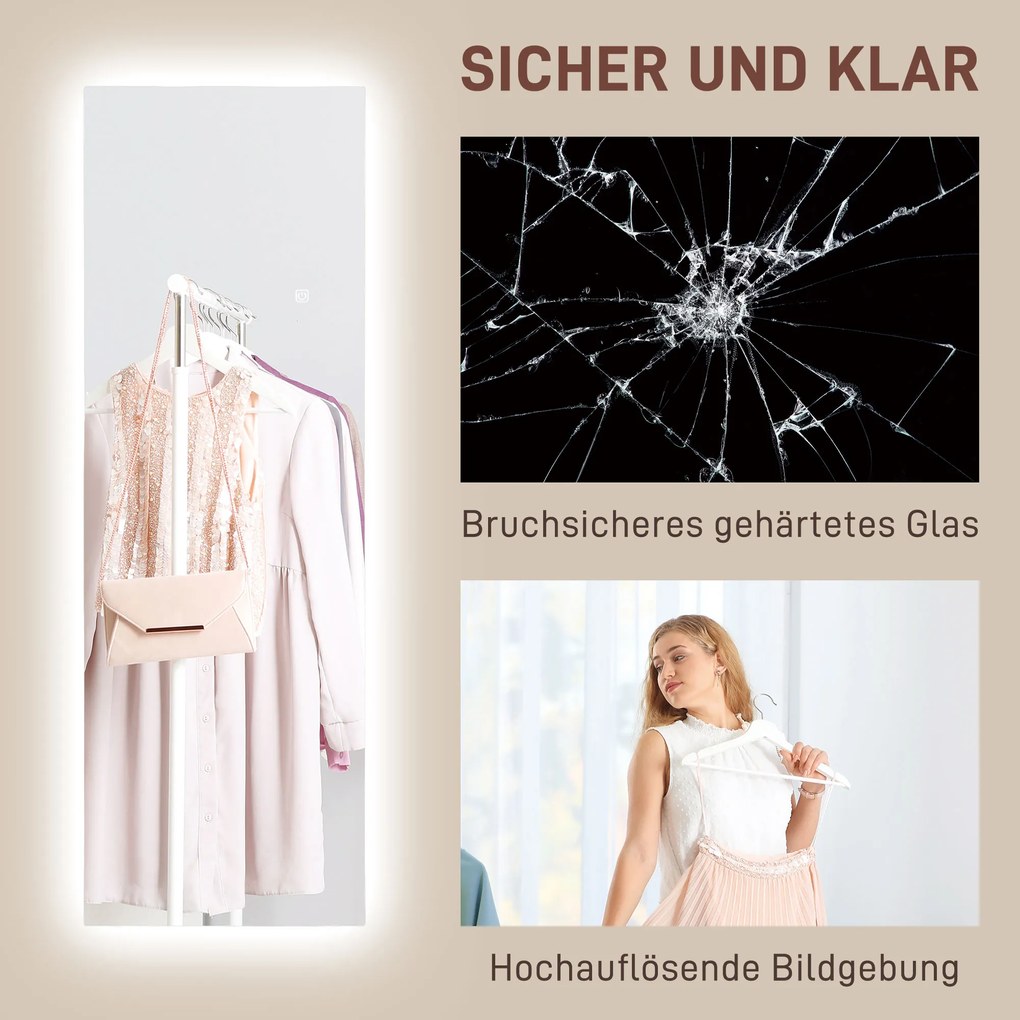 HOMCOM Lustro pełnowymiarowe LED, ściemnialne, bezramowe, z kontrolą dotykową, 40 x 120 cm