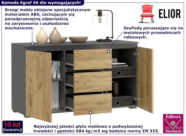 Nowoczesna komoda z szufladami i półkami antracyt + dąb craft 120 cm - Egrof 4X