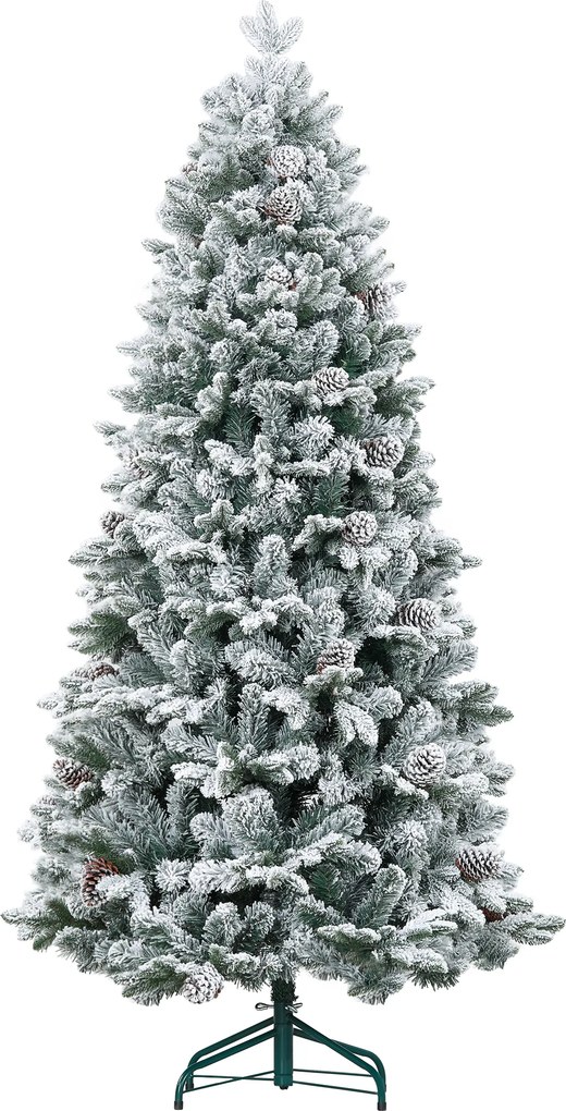 HOMCOM Sztuczna Choinka, z efektem śniegu i szyszkami, realistyczna, odporna na płomień, metalowa podstawa, 180 cm, Zielona | Aosom PL