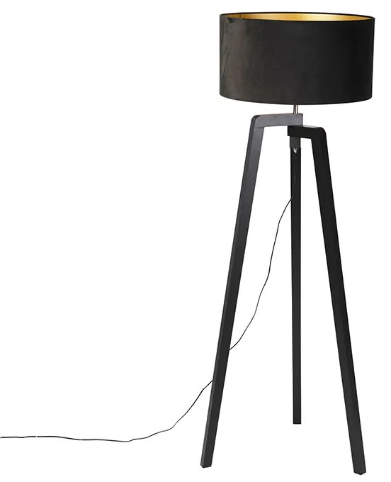 Czarna lampa podłogowa na trójnogu z drewna z czarnym abażurem 50 cm - Puros Nowoczesny Oswietlenie wewnetrzne