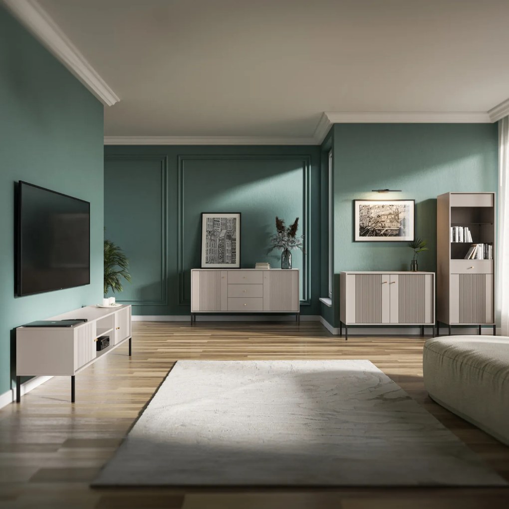 Komoda do Salonu Sypialni SOFT 154 cm Kaszmir Ryflowana Dwudrzwiowa z Szufladami Nowoczesna