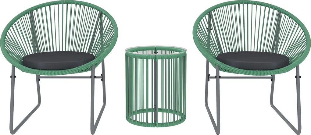 Outsunny 3-częściowy Zestaw Mebli Zewnętrznych, 1 Stół, 2 Krzesła, Blat z Szkła Hartowanego, Rattan Tworzywa Sztucznego na Stalowej Ramie, Miękkie Poduszki, Kolor Zielony