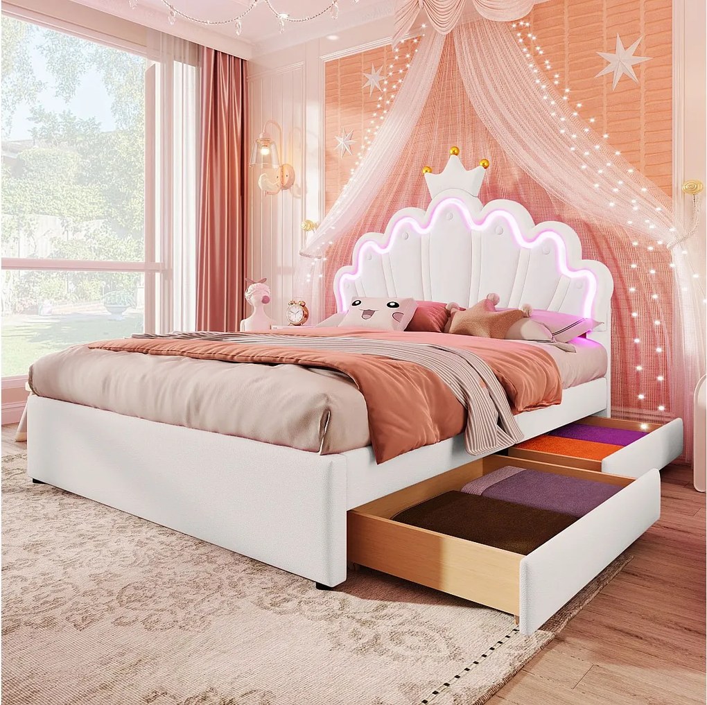 Łóżko tapicerowane 140 x 200 cm z regulowanym zagłówkiem i 2 szufladami - LED - skóra ekologiczna - białe (materac nie jest wliczony w cenę)