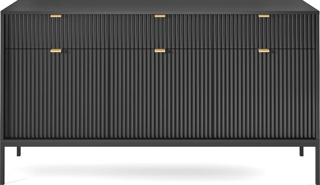 Komoda: 3 szuflady, 3 drzwi, czarna, czarna, 154 x 83 x 39 cm, złote uchwyty
