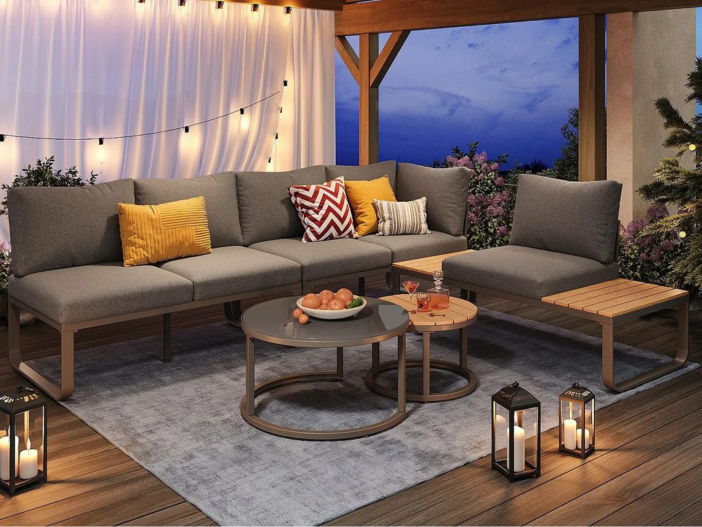 Zestaw mebli ogrodowych - 4 miejsca - z ocynkowanej stali - narożna sofa - 2 stoliki kawowe - z poduszkami i regulowanymi nogami - Szary