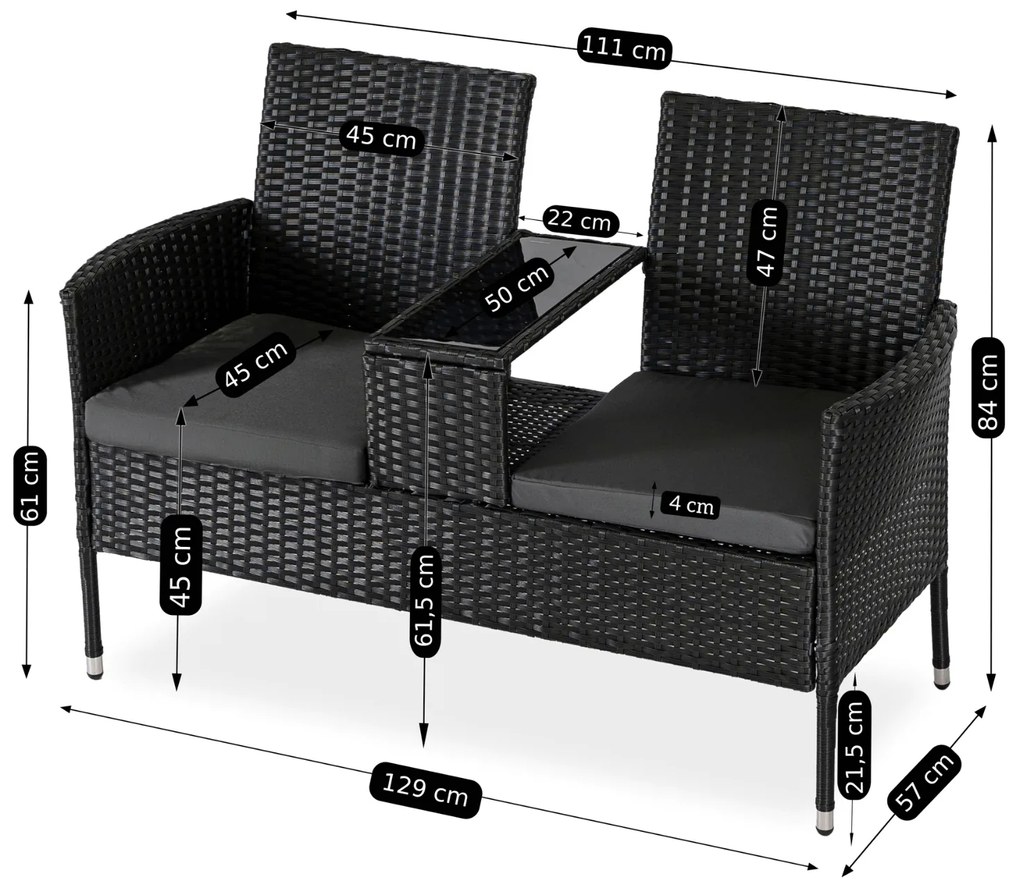 Sofa Ogrodowa Dwuosobowa ze Stolikiem KENT Technorattan Czarna