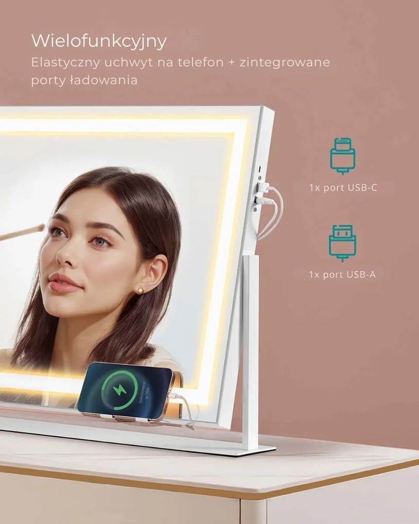 Lustro kosmetyczne DAHLIA z oświetleniem LED, 10x62,5x45,8 cm, biała SongmicsHome