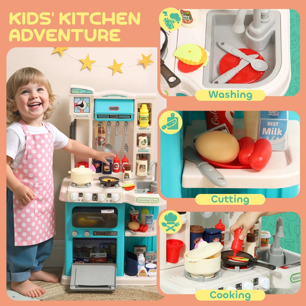 AIYAPLAY 92-elementowy zestaw kuchenny dla dzieci, kran, tworzywo sztuczne, 3–6 lat, zielony