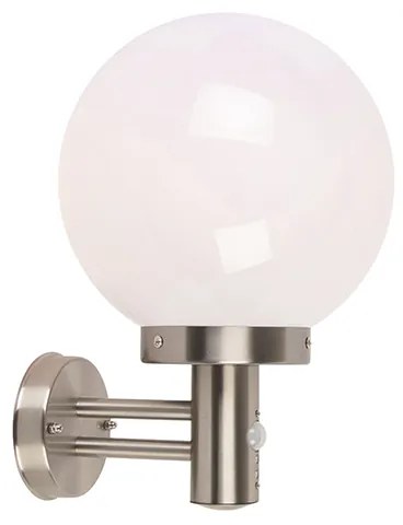 Zewnętrzna lampa ścienna ze stali nierdzewnej IP44 z czujnikiem ruchu i plastikową kulą - Sfera