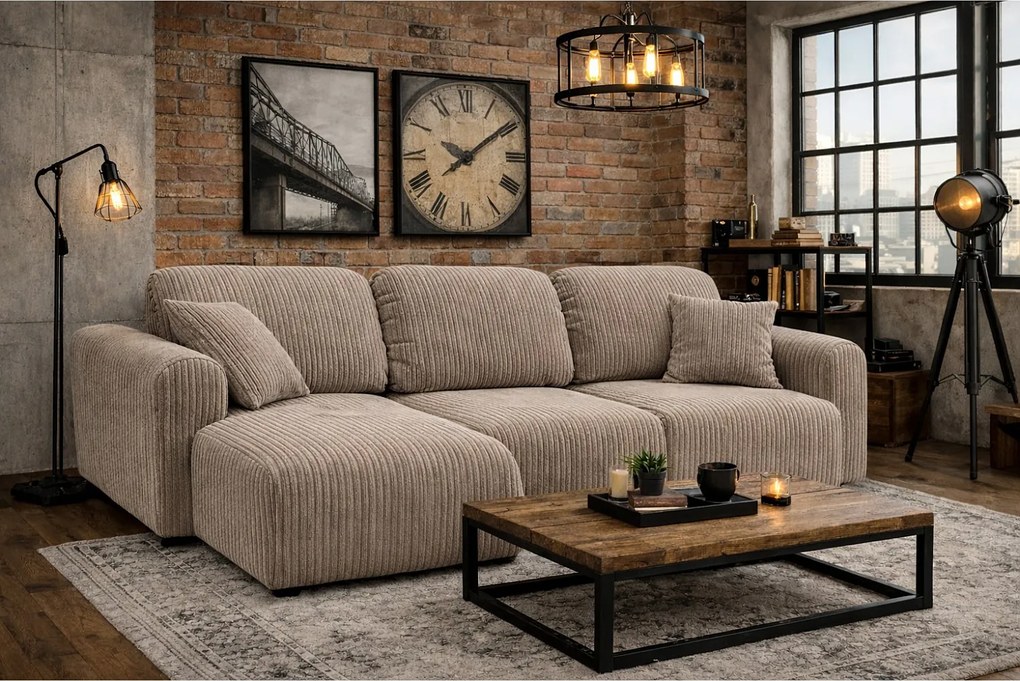 Narożnik w kształcie L z funkcją spania i pojemnikiem Bingo L, tkanina sztruksowa Poso, Ciemnobeżowy, Lewy