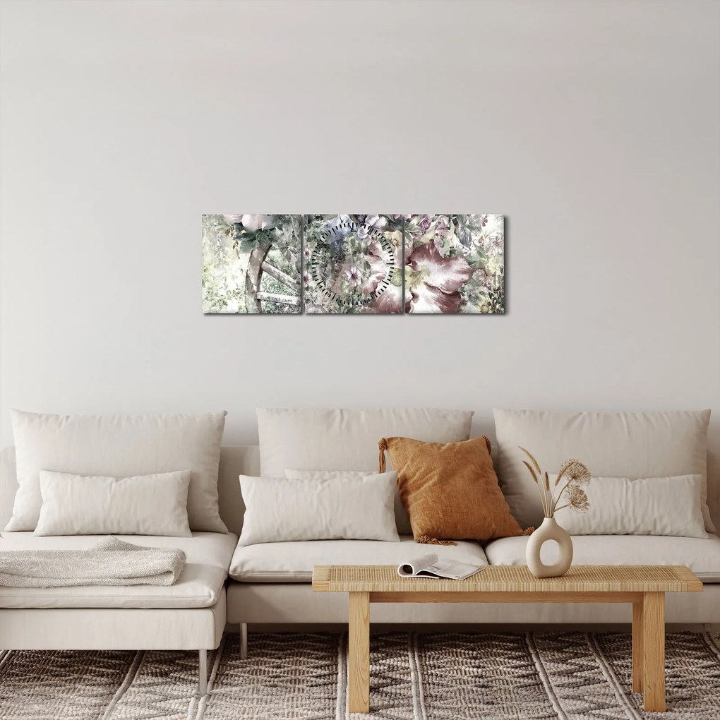 Obraz kwiatów na drewnianym kole (z zegarem) (90x30 cm)