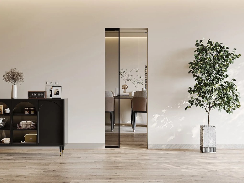 Drzwi przesuwne z ukrytym systemem przesuwnym – aluminium i szkło hartowane przydymione – wys. 205 x dł. 73 cm – LINCI II