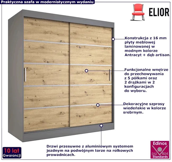 Szafa przesuwna antracyt + dąb artisan 180 cm - Bohosa 5X