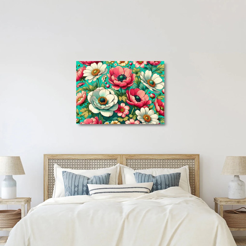 Obraz na szkle - Kwiaty na niebieskim tle (70x50 cm)
