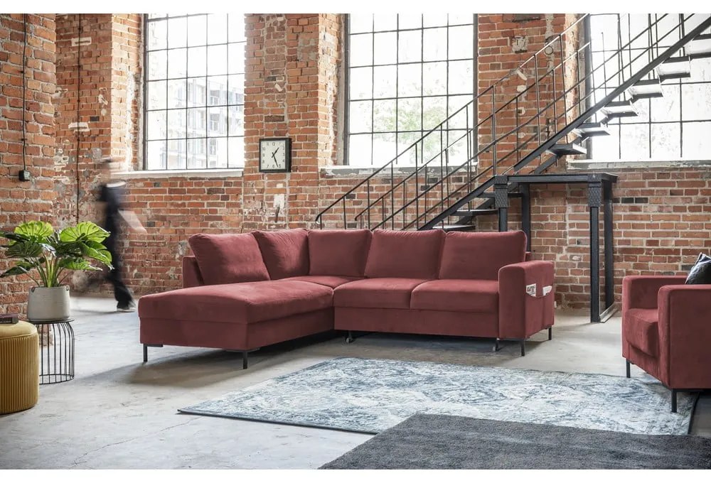 Różowy aksamitny rozkładany narożnik (lewostronny) Lofty Lilly – Miuform