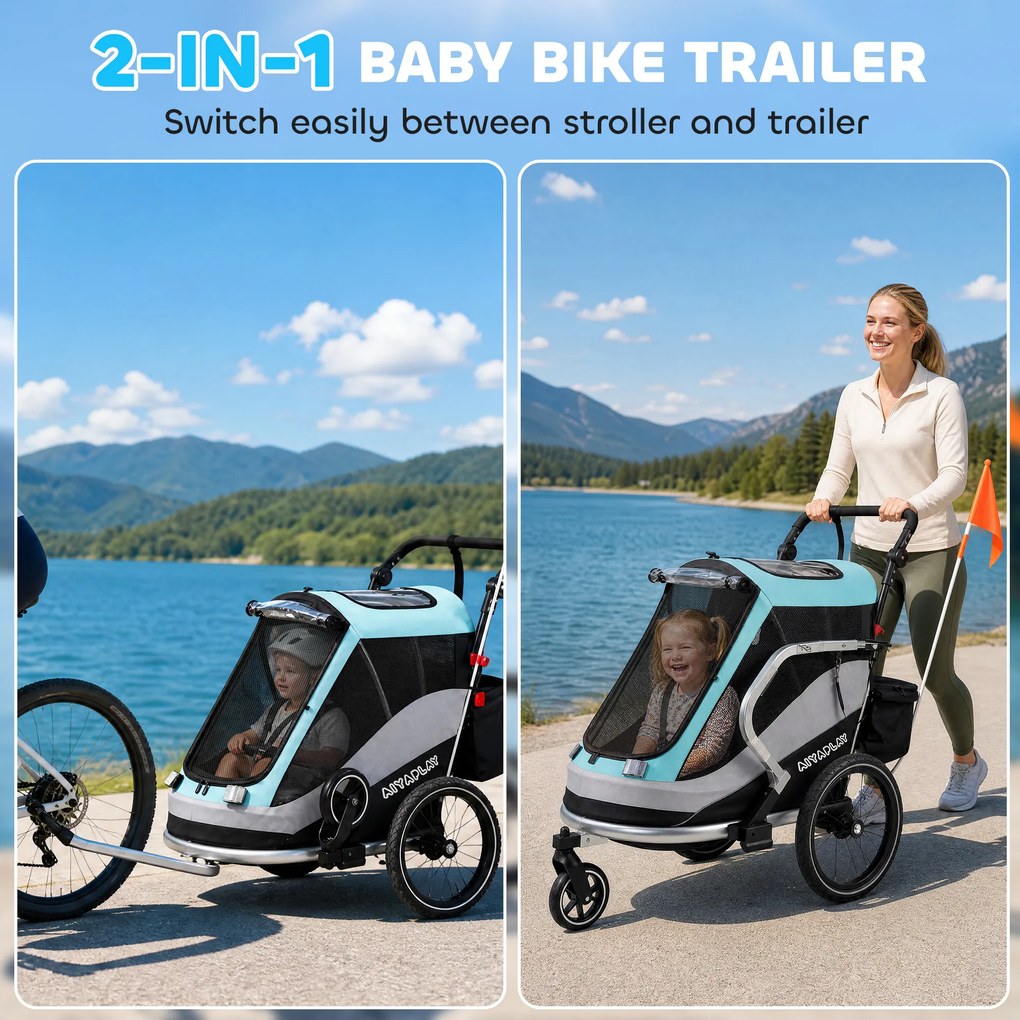AIYAPLAY 2 w 1 przyczepka rowerowa i wózek składana, przyczepka dla dzieci z pasem 5-punktowym, odblaskami, pneumatycznymi oponami 40,64 cm, hamulec | Aosom PL