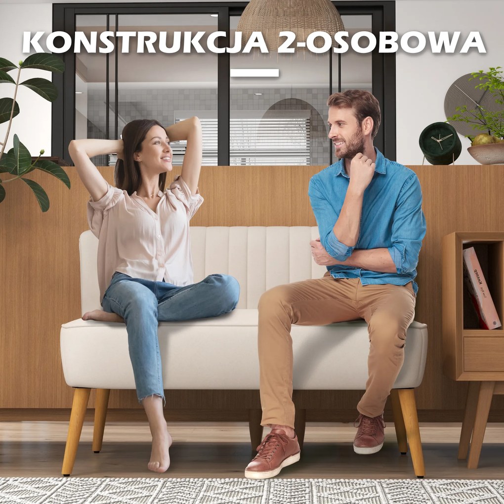 HOMCOM sofa dwuosobowa retro kremowa biała wygodna kanapa do salonu z drewnianymi nogami tapicerowana | Aosom PL