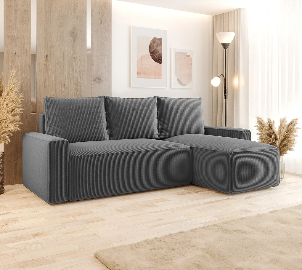 Szary sztruksowy narożnik rozkładany z pojemnikiem H3-A09