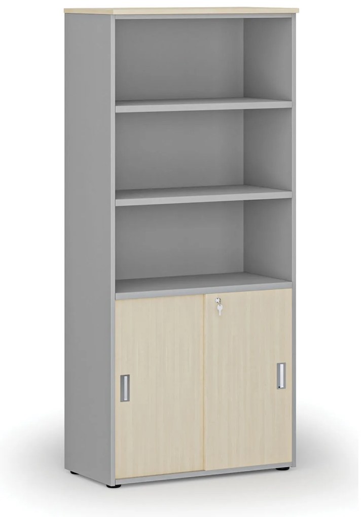 Szafa biurowa kombinowana PRIMO GRAY, drzwi przesuwne na 2 poziomach, 800 x 420 x 1781 mm, szary/brzoza