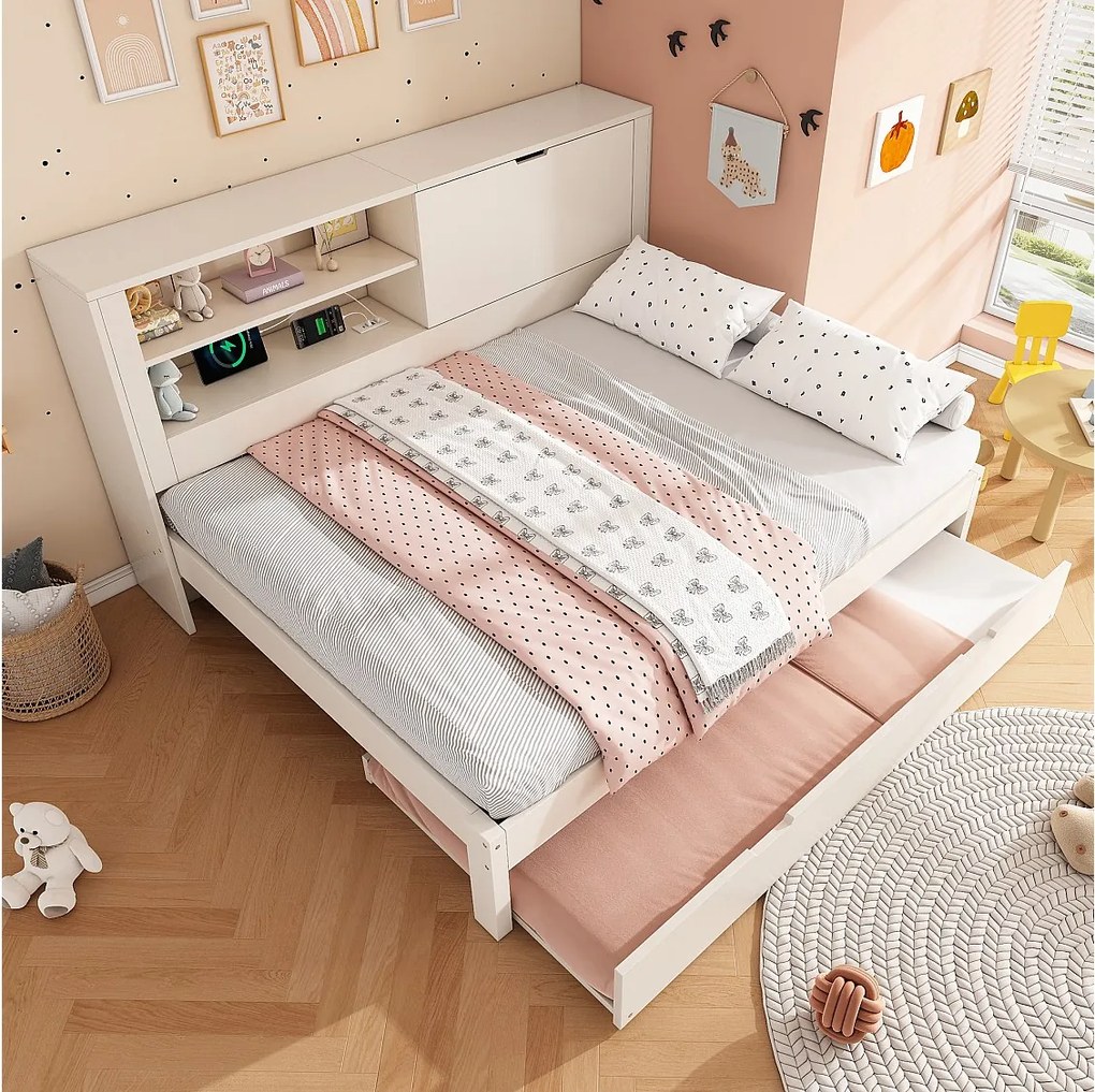 Sofa rozkładana 140 x 190 cm z wysuwanym łóżkiem 90 x 190 cm - z półką + drzwiami + schowkiem tylnym + portem USB - drewno - biała