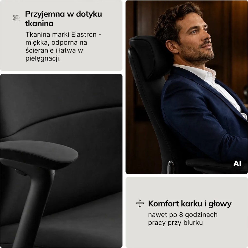 Ergonomiczny fotel biurowy tapicerowany Command, czarna tkanina