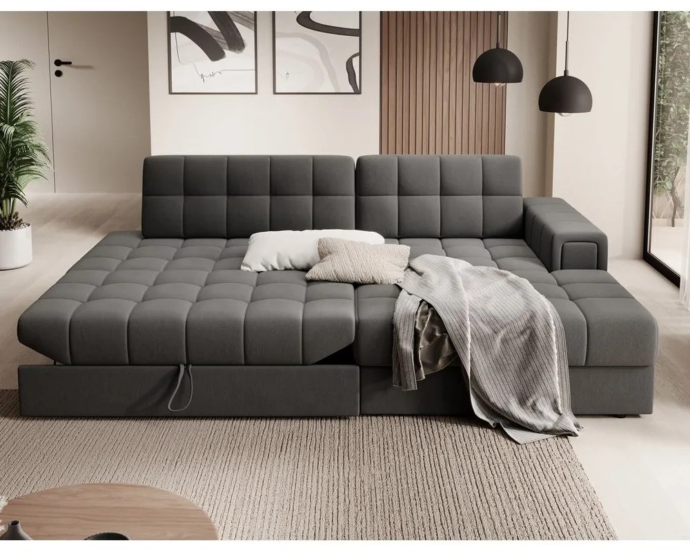 Szarobrązowy aksamitny rozkładany narożnik (prawostronny/z szezlongiem) Blezalt – ELTAP