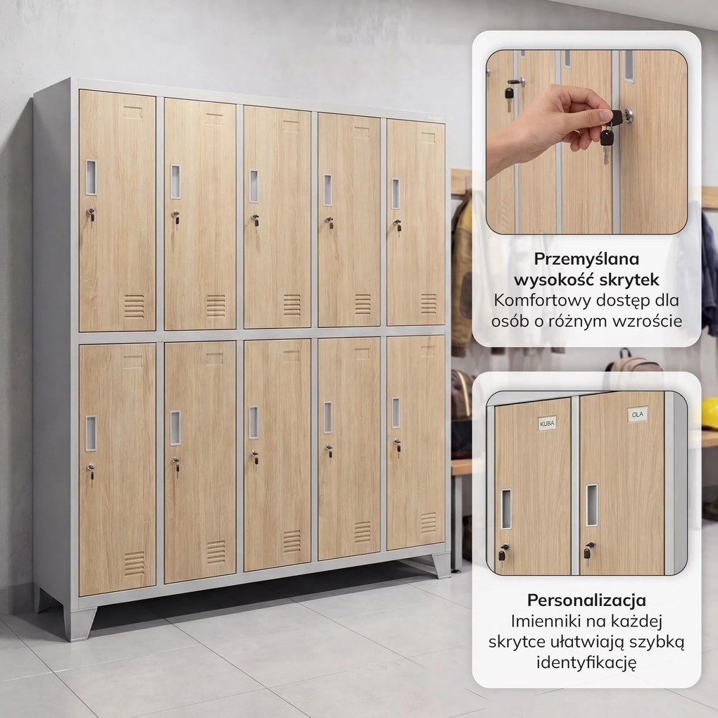 Szafa BHP ubraniowa 10-drzwiowa szara / dąb sonoma: Eco Design BARTEK 1360 x 1720 x 450 mm