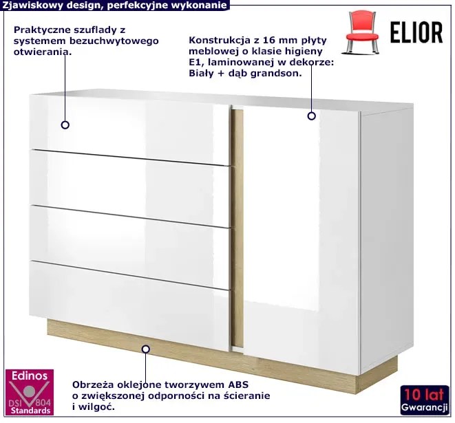 Komoda Z Biały Szufladami + Dąb Grandson L0-E41