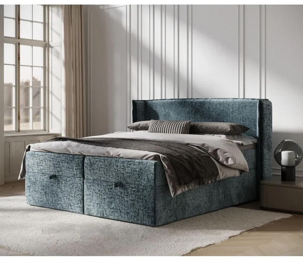 Niebieskie łóżko boxspring ze schowkiem 160x200 cm Passion – Maison de Rêve