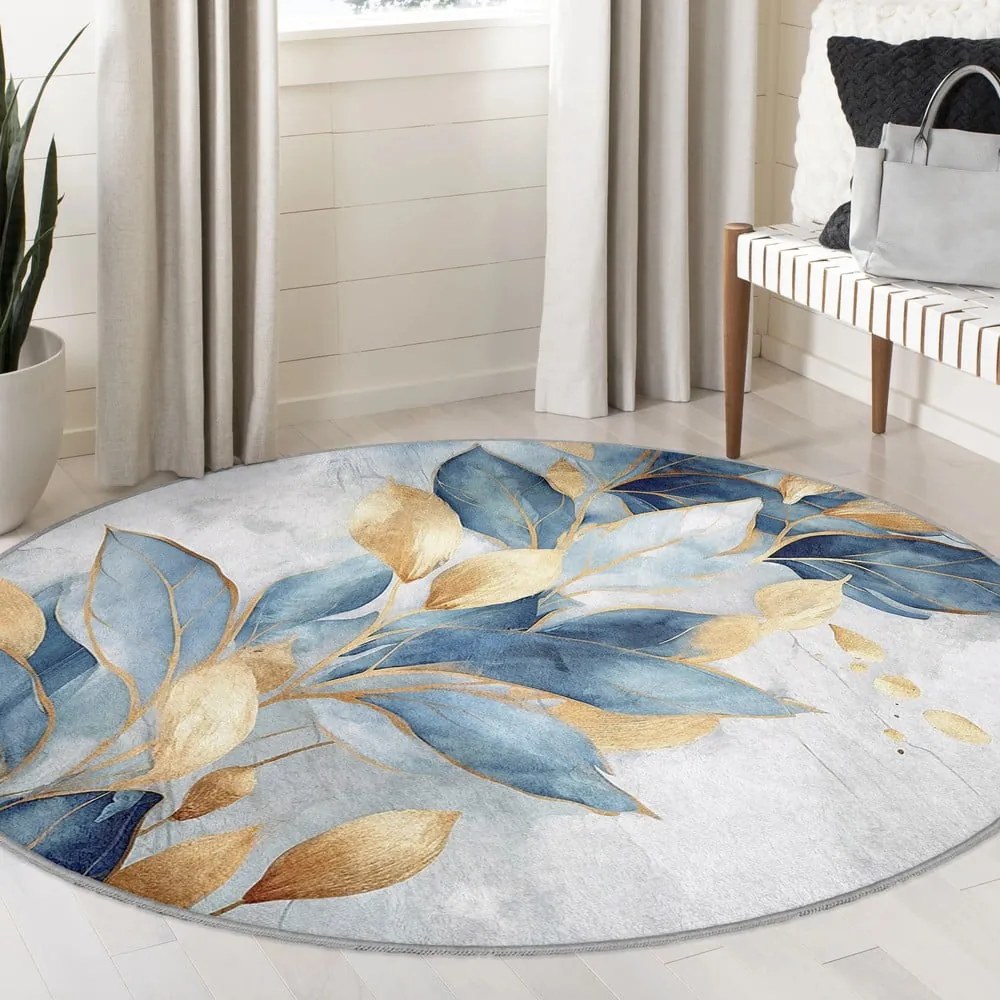 Okrągły dywan w niebiesko-złotym kolorze odpowiedni do prania ø 100 cm Golden Leaves – Mila Home