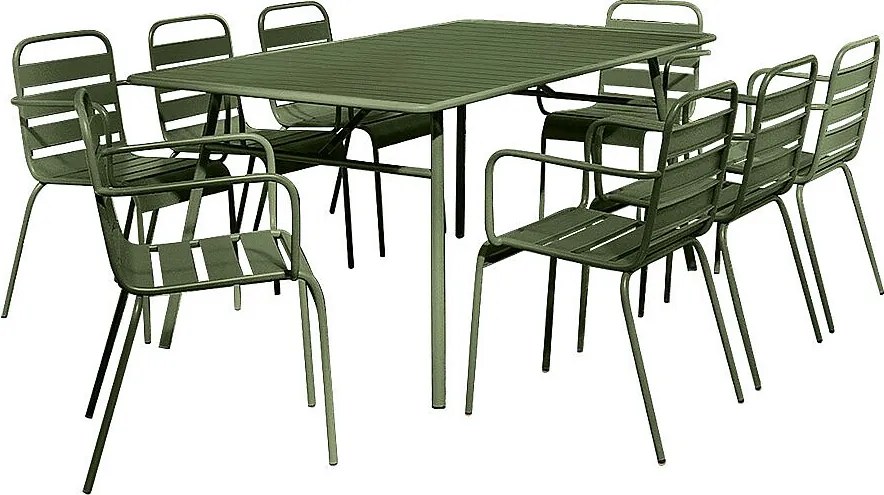 Metalowy zestaw mebli ogrodowych - stół dł.200 cm i 8 składanych foteli - Khaki - MIRMANDE od MYLIA