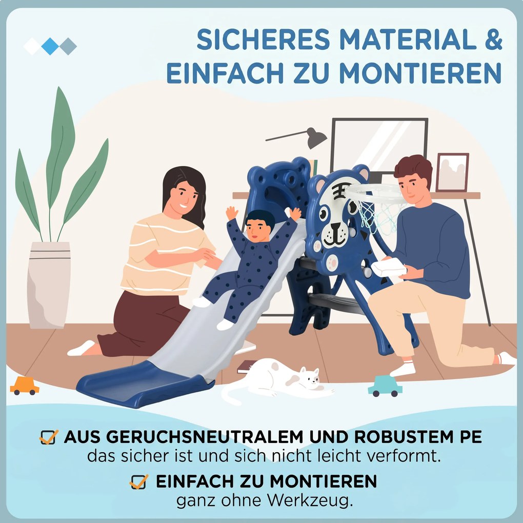 AIYAPLAY 3 w 1 zjeżdżalnia z konstrukcją do wspinaczki i koszem do koszykówki, zjeżdżalnia dla maluchów, design kreskówkowy, dla dzieci 18-36 miesięcy, niebieska | Aosom PL