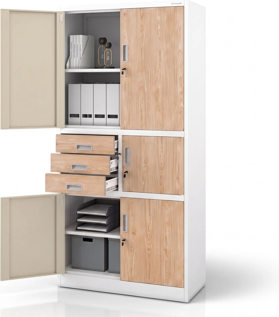 Szafa biurowa metalowa z sejfem biała/dąb sonoma, 900x1850x400 mm: FILIP II Eco Design