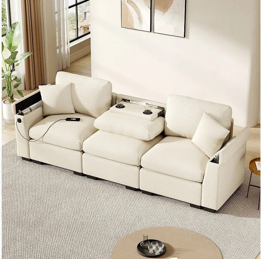 Sofa 3-osobowa - 242 x 88 x 80 cm - ze składanym stolikiem + portem USB + ukrytym schowkiem - aksamit - beż