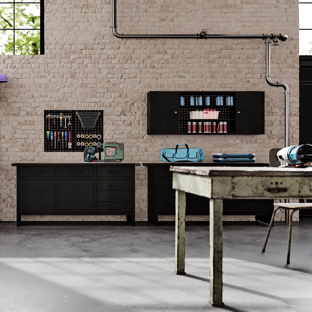 Szafka warsztatowa wisząca z perforowaną tablicą czarna, 1600x600x200 mm: LEO All Black