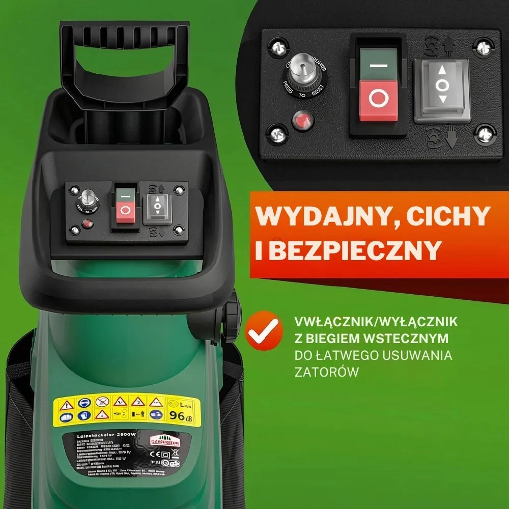 Rozdrabniacz do gałęzi DIOX+2x worek 60l, 3100W czarny/zielony Gardebruk