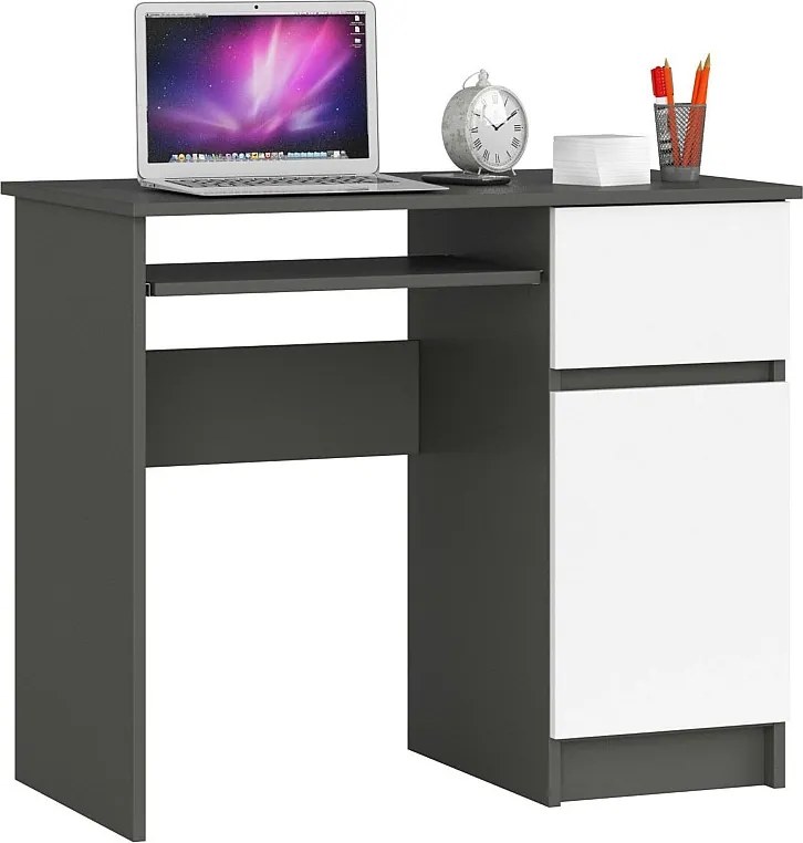 Biurko komputerowe AKORD PIKSEL Grafit Szary 90 cm prawe 1 drzwi 1 szuflada kolor Biały mat 3 półki 90x50x77 cm
