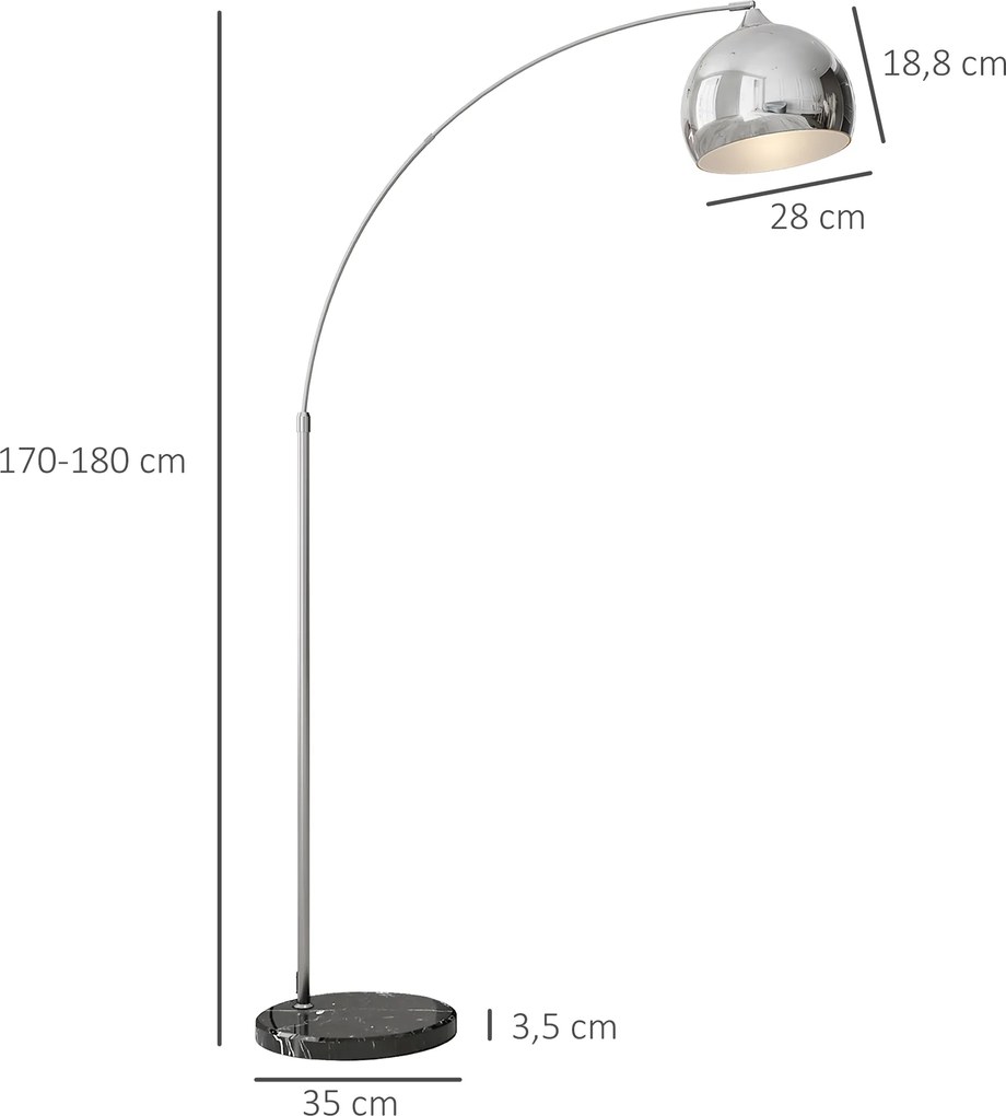 HOMCOM Łukowa lampa stojąca, regulowana, z przełącznikiem nożnym, podstawa imitującą marmur, 170-180cm, Srebrny/Czarny