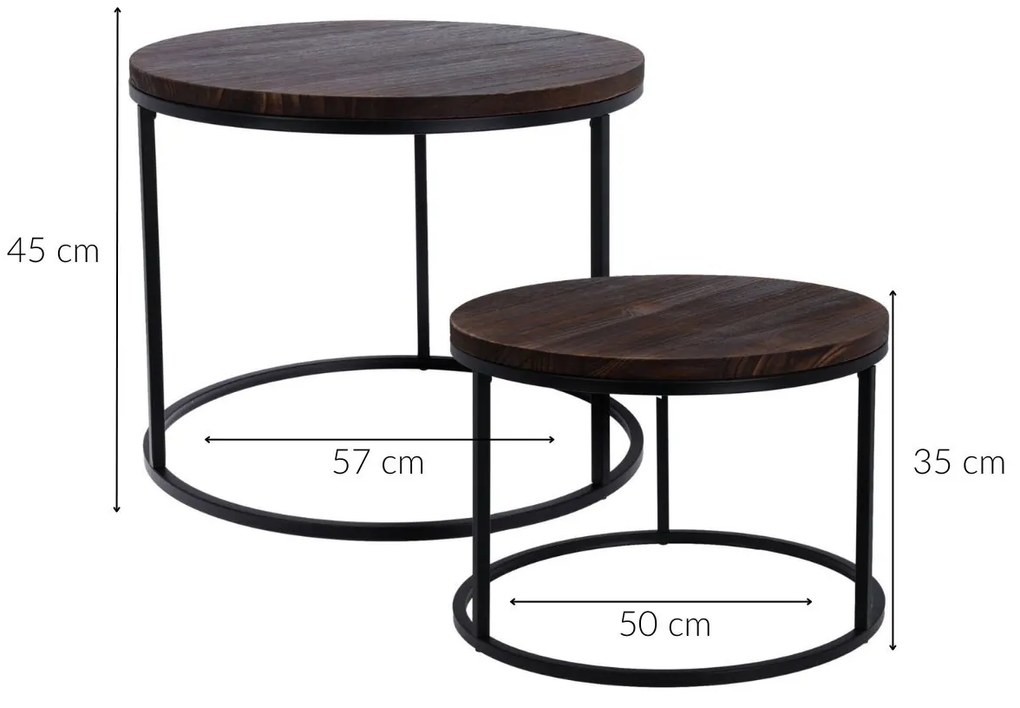 Zestaw stolików kawowych z blatem z drewna paulownia, metalowy stelaż, 2 sztuki, Ø 57 cm, Ø 50 cm