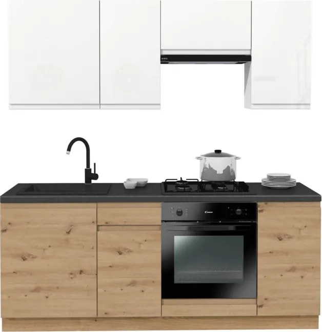 Zestaw Mebli Kuchennych MODERN 200 cm Biały Połysk/Dąb Nowoczesny