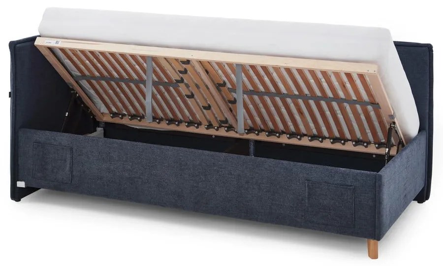 Ciemnoniebieskie tapicerowane narożne łóżko dziecięce ze schowkiem ze stelażem 90x200 cm Fun – Meise Möbel