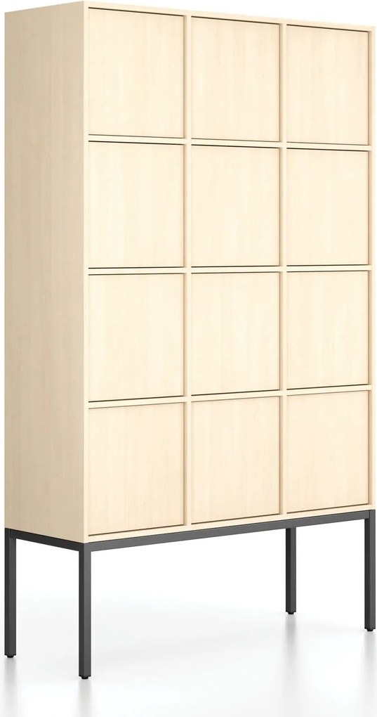 Szafa biurowa FRAME, czarna podstawa, 12x drzwi, 1299 x 450 x 2185 mm, PUSH-lock, brzoza