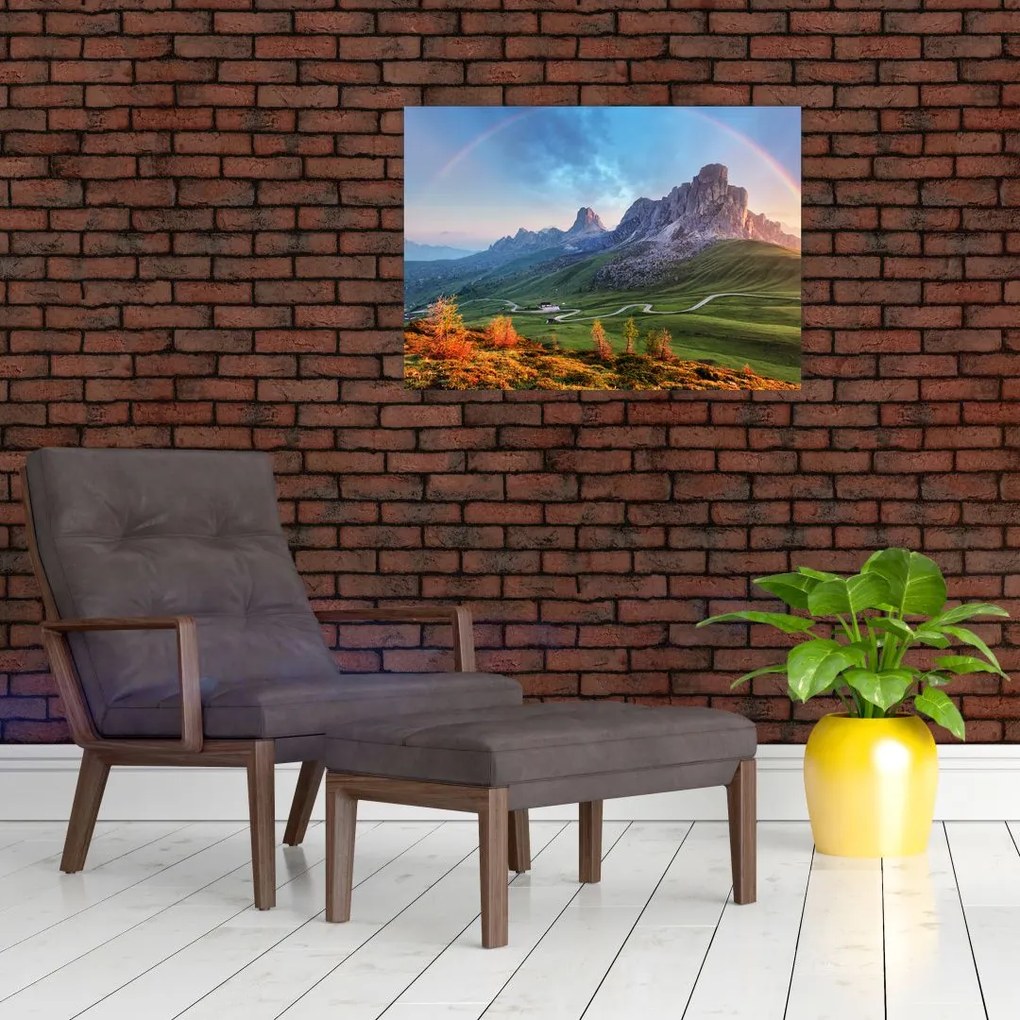 Obraz na szkle tęczy nad skałami (70x50 cm)